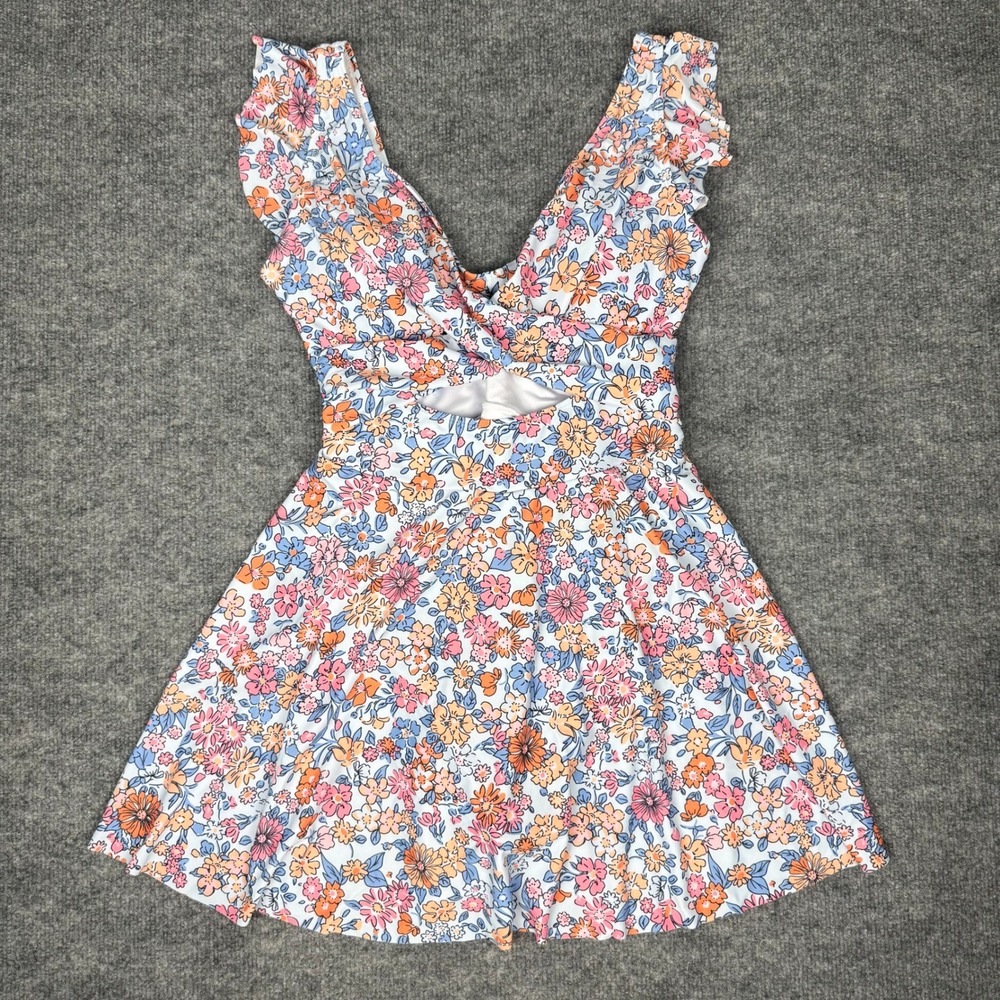 NEW Aleumdr Floral Ruffle Cutout Swim Dress Multi Twist Front Skirt Swimsuit M